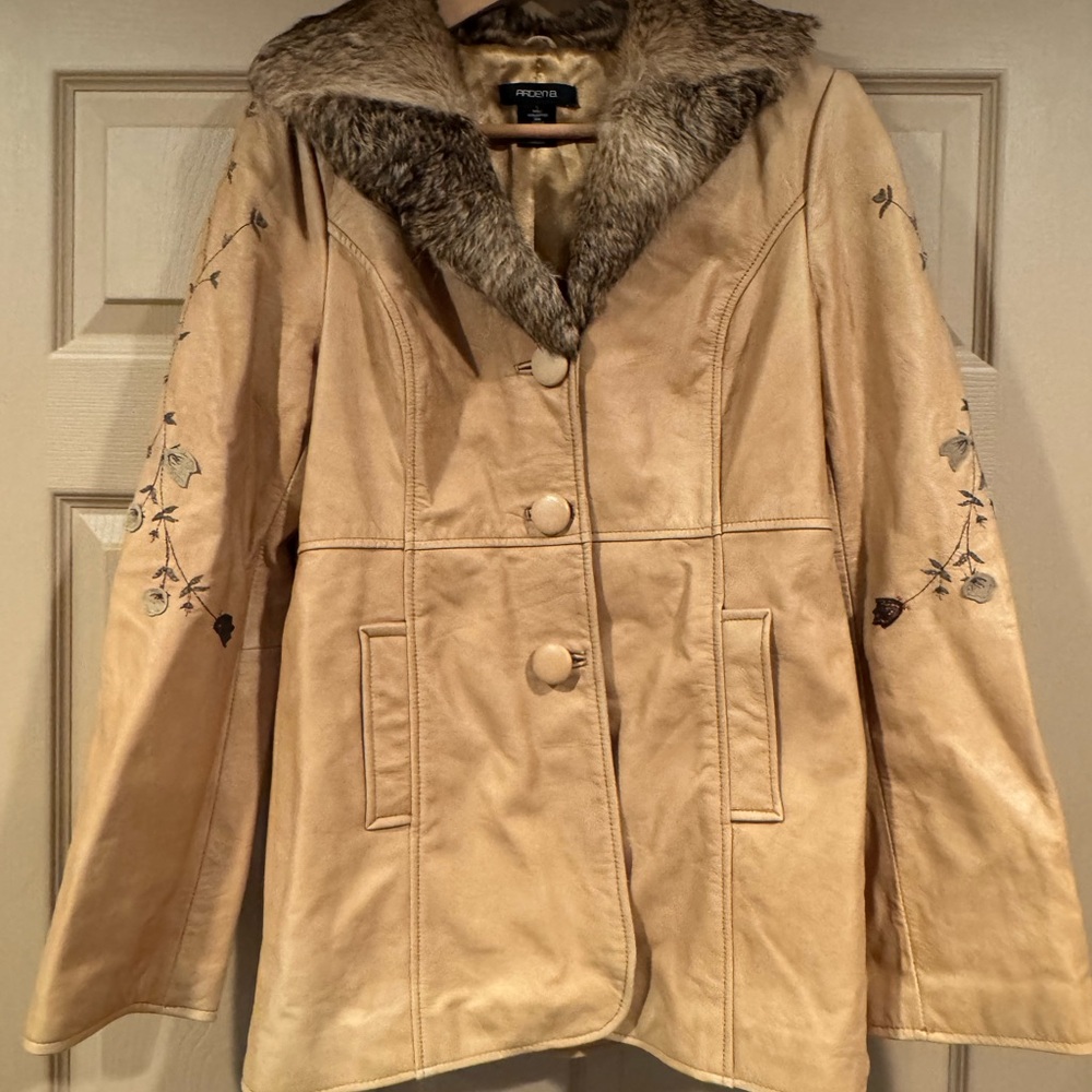 Arden B Beige Leather Jacket with Faux Fur Trim